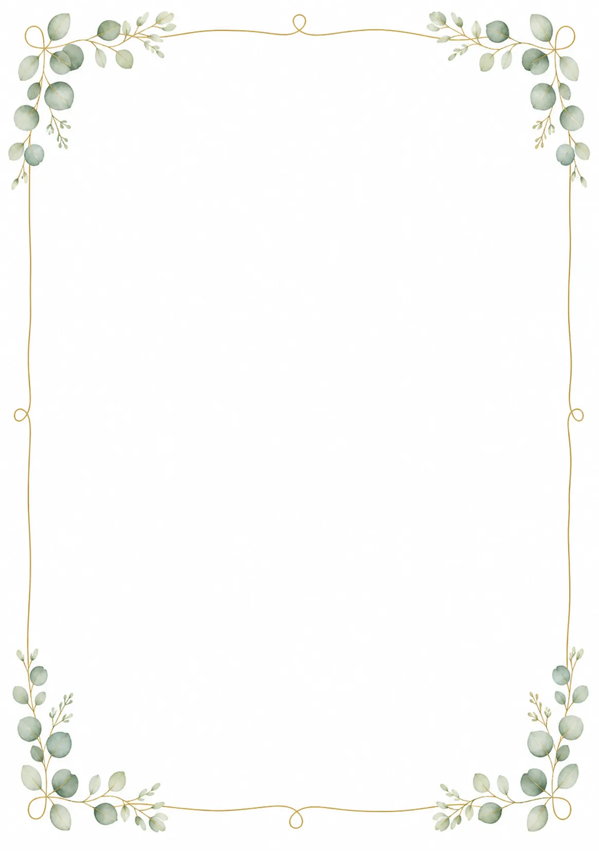 Print template for a wedding place card: a fine gold line with eucalyptus sprigs in the corners, center left free for QR code and text