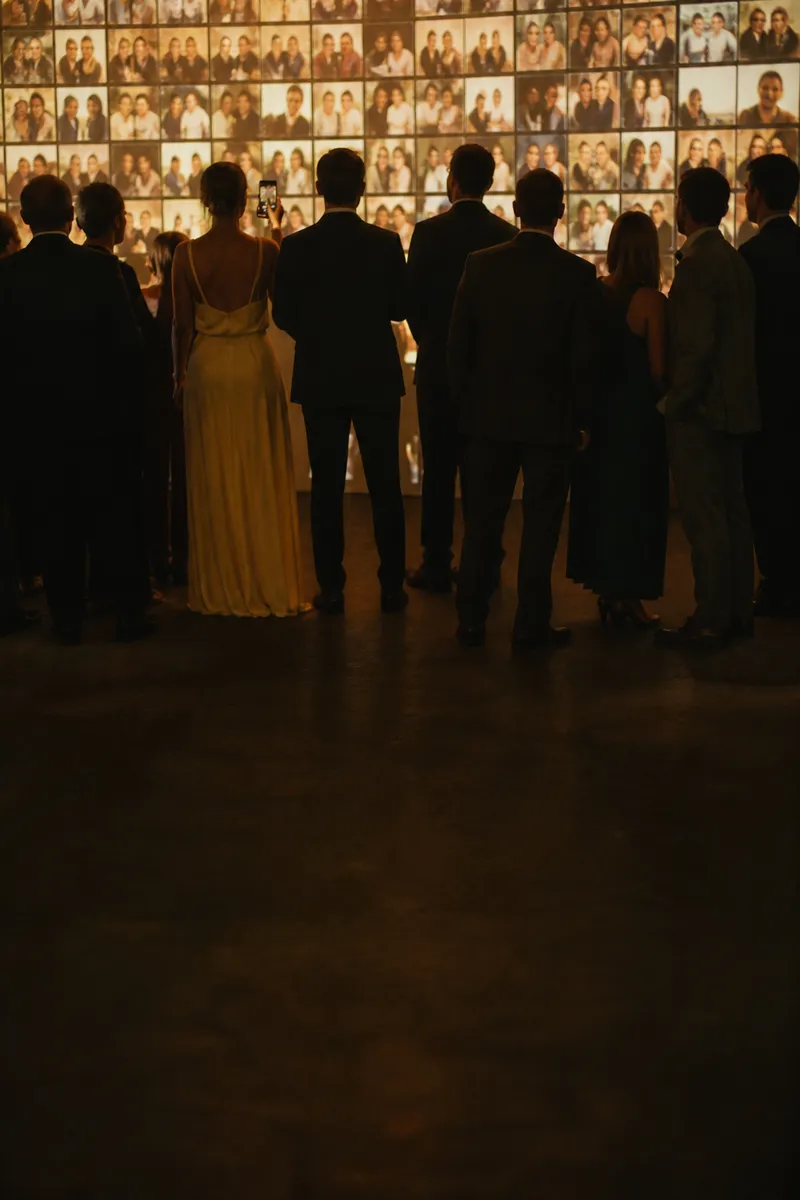 Guests in front of a large photo wall showing freshly uploaded pictures