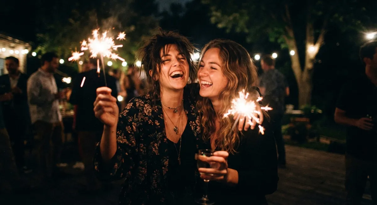 Zwei Gäste lachen mit Wunderkerzen in der Hand