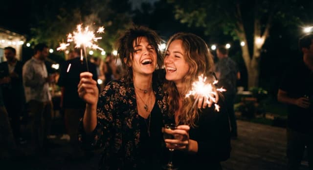 Zwei Gäste lachen mit Wunderkerzen in der Hand