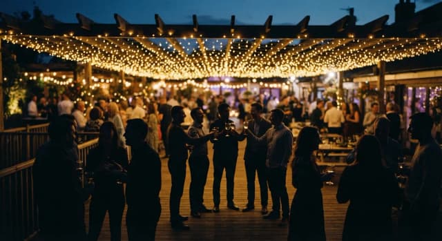 Gartenparty unter Lichterketten am Abend