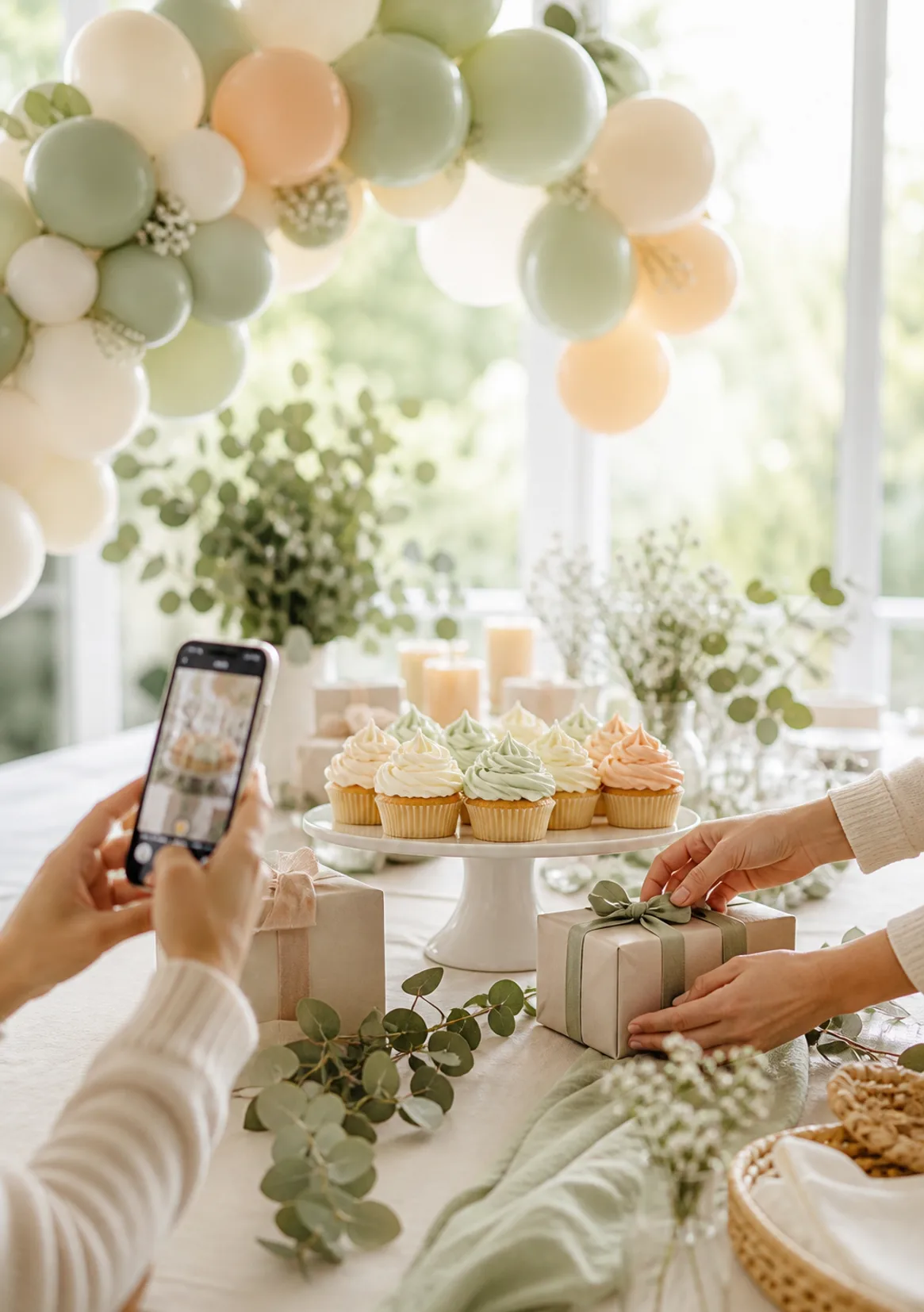 Liebevoll dekorierter Babyparty-Tisch in zarten Pastelltönen mit Ballonbogen, Cupcakes und Geschenken; eine Hand fotografiert die Deko mit dem Handy