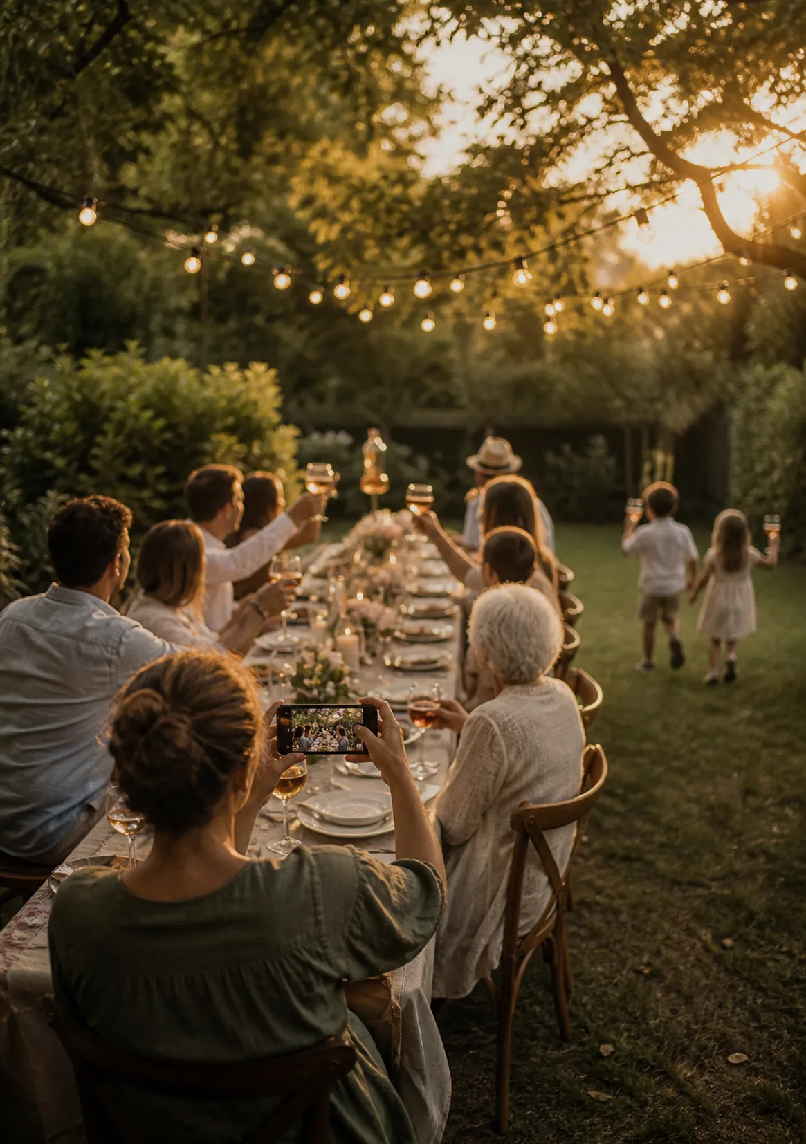 A long table of guests celebrates outdoors at sunset under string lights; one guest photographs the table with a phone
