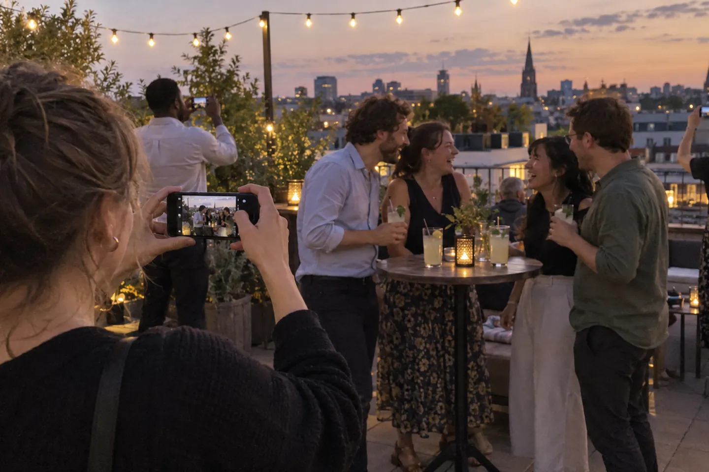 A company summer party on a rooftop terrace at dusk: a colleague photographs a laughing group at a standing table with her phone, two more guests take photos in the background