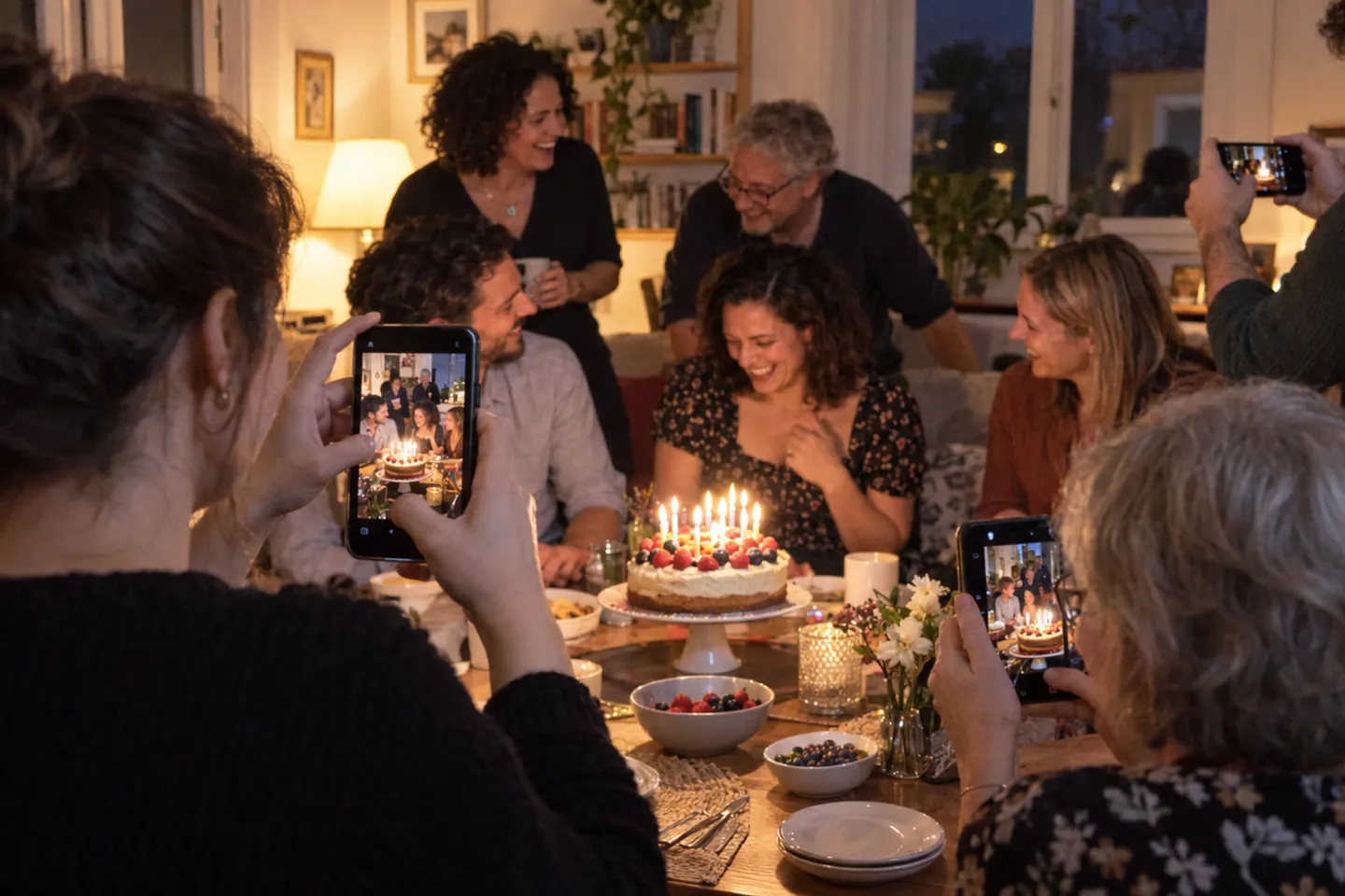 Geburtstagsrunde am Abend im Wohnzimmer: Die Gäste fotografieren mit ihren Handys die lachende Gastgeberin vor ihrer Torte mit brennenden Kerzen