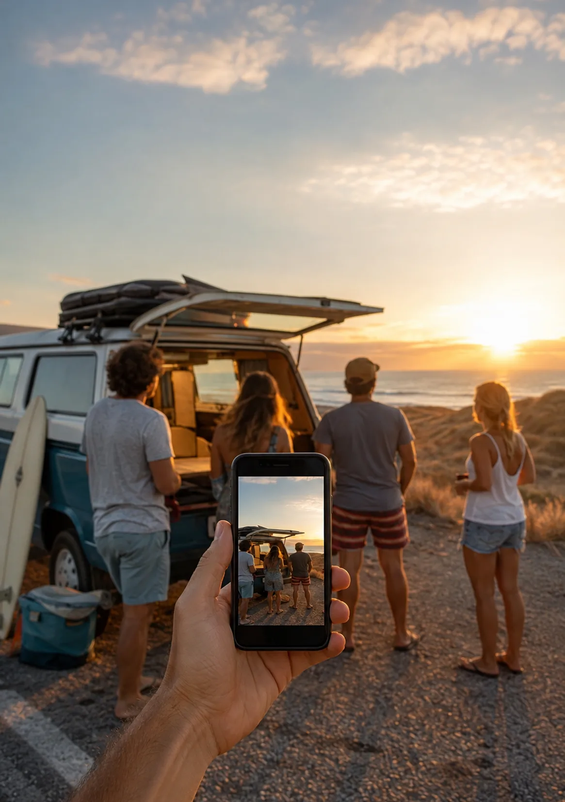 Eine Gruppe Erwachsener steht bei Sonnenuntergang an einer Aussichtsstelle und fotografiert gemeinsam mit ihren Handys