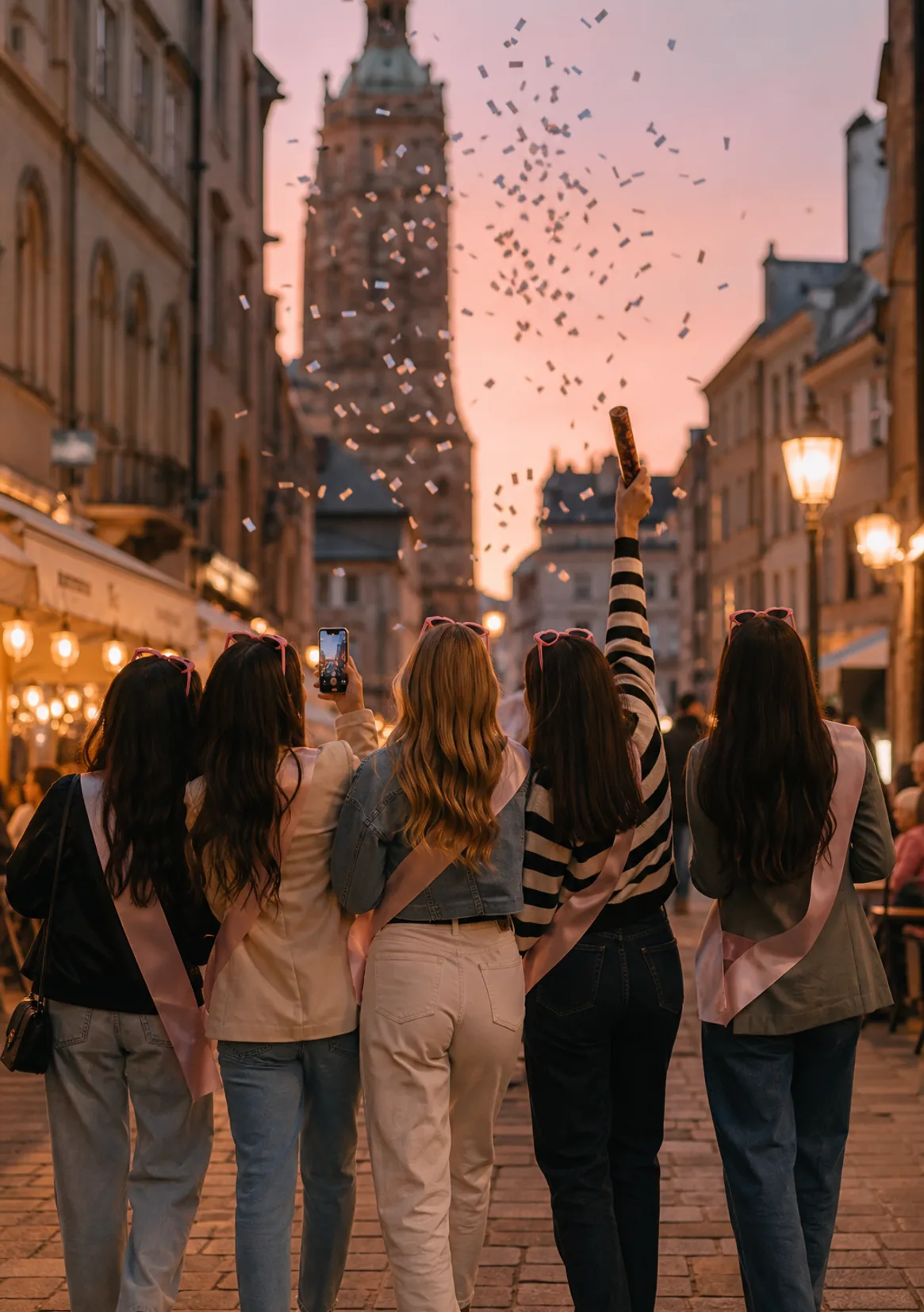 Freundesgruppe mit Schärpen und Party-Sonnenbrillen zieht beim JGA durch die abendliche Altstadt, Konfetti in der Luft; eine Person fotografiert die Gruppe mit dem Handy