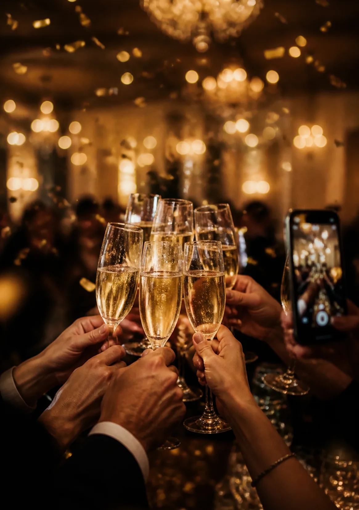 Erhobene Sektgläser beim festlichen Jubiläum im warmen Licht, goldenes Konfetti schwebt; eine Hand fotografiert den Toast mit dem Handy