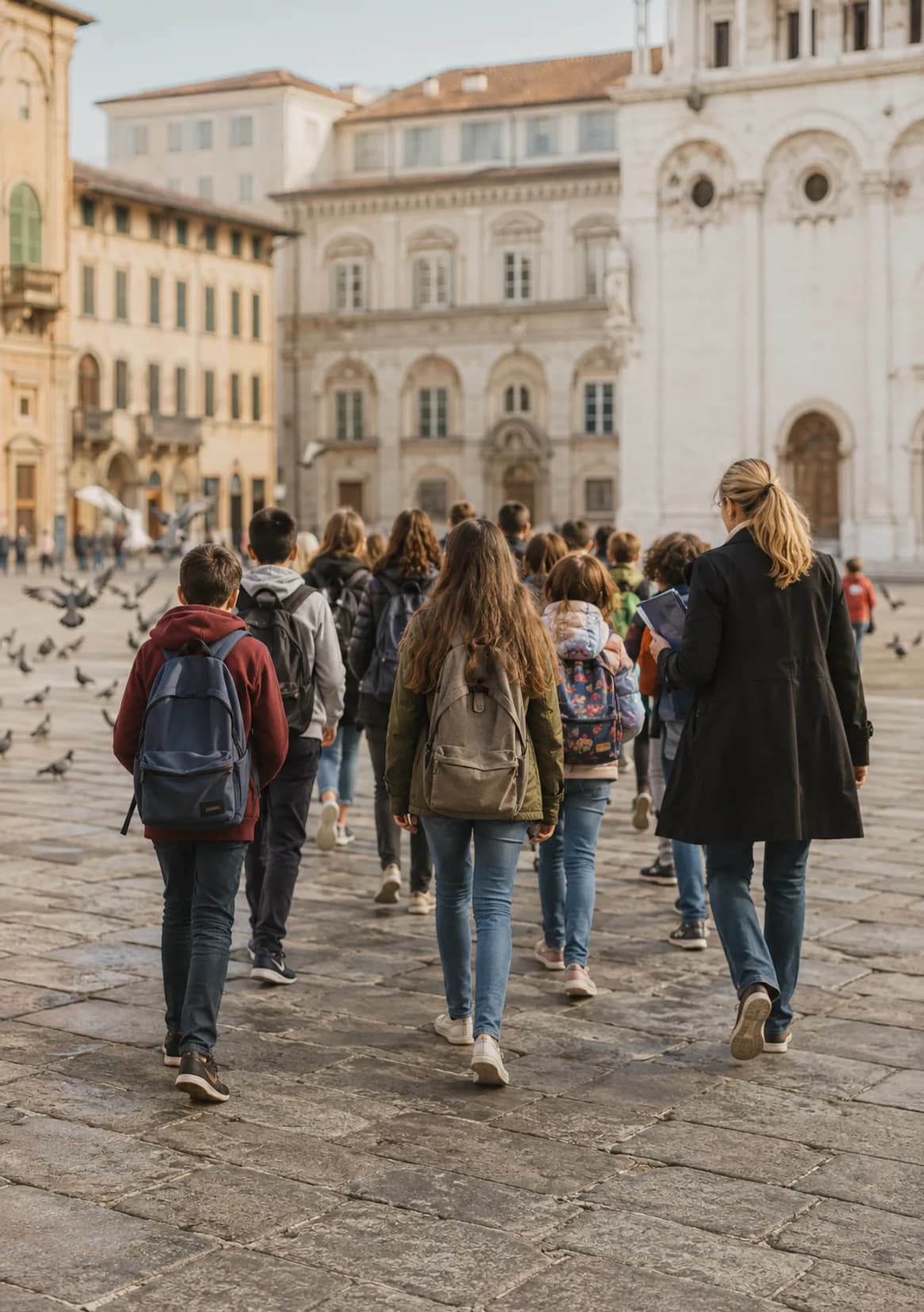 Teenagers on a school trip standing together with backpacks, photographing each other with their phones