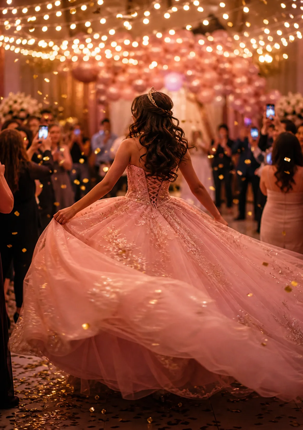 Junge Frau im rosa Ballkleid dreht sich auf der Tanzfläche ihrer Quinceañera, goldenes Konfetti fällt; die Familie fotografiert den Tanz mit ihren Handys