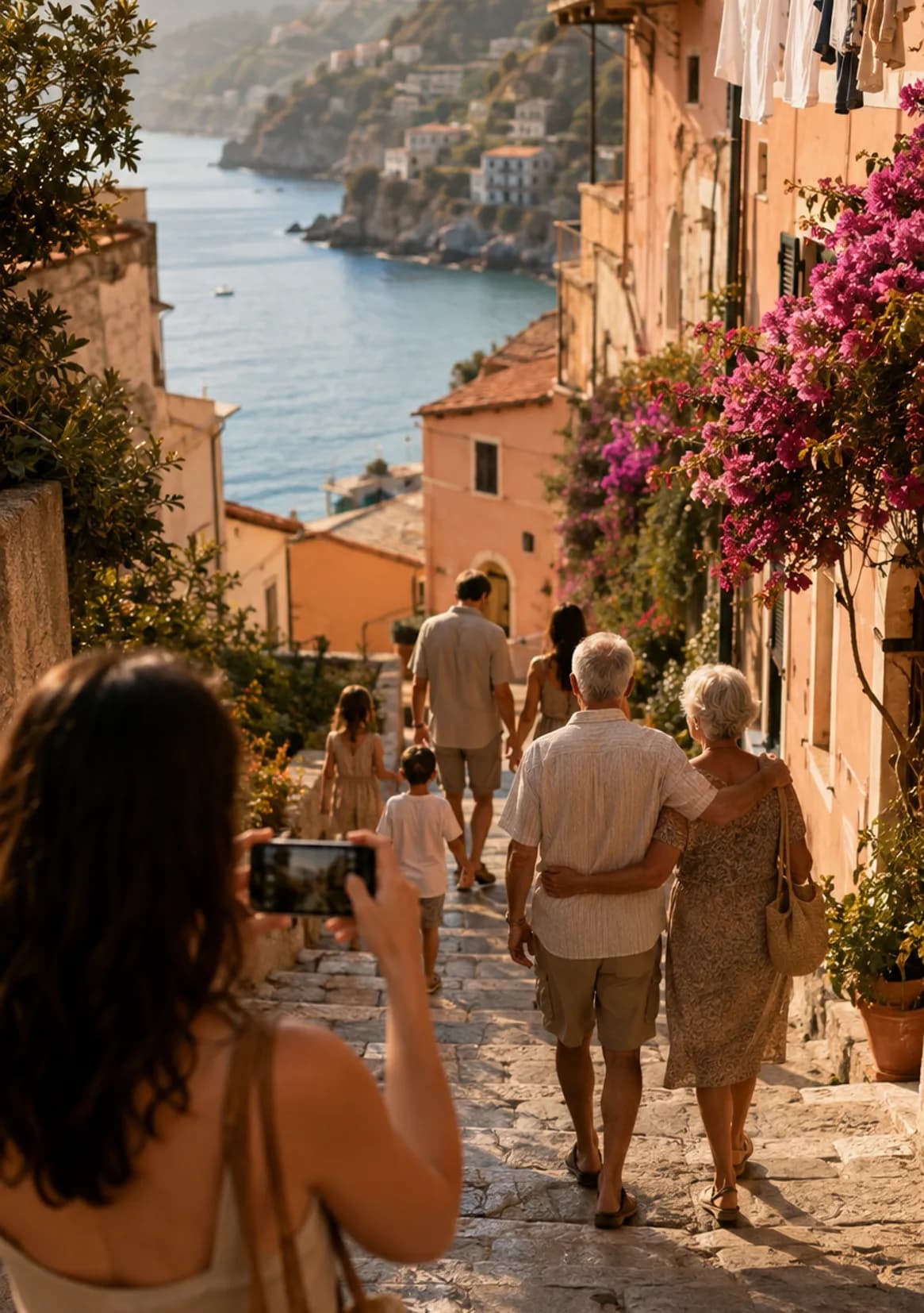 Drei Generationen einer Familie stehen an einem Aussichtspunkt und fotografieren gemeinsam mit ihren Handys die Landschaft