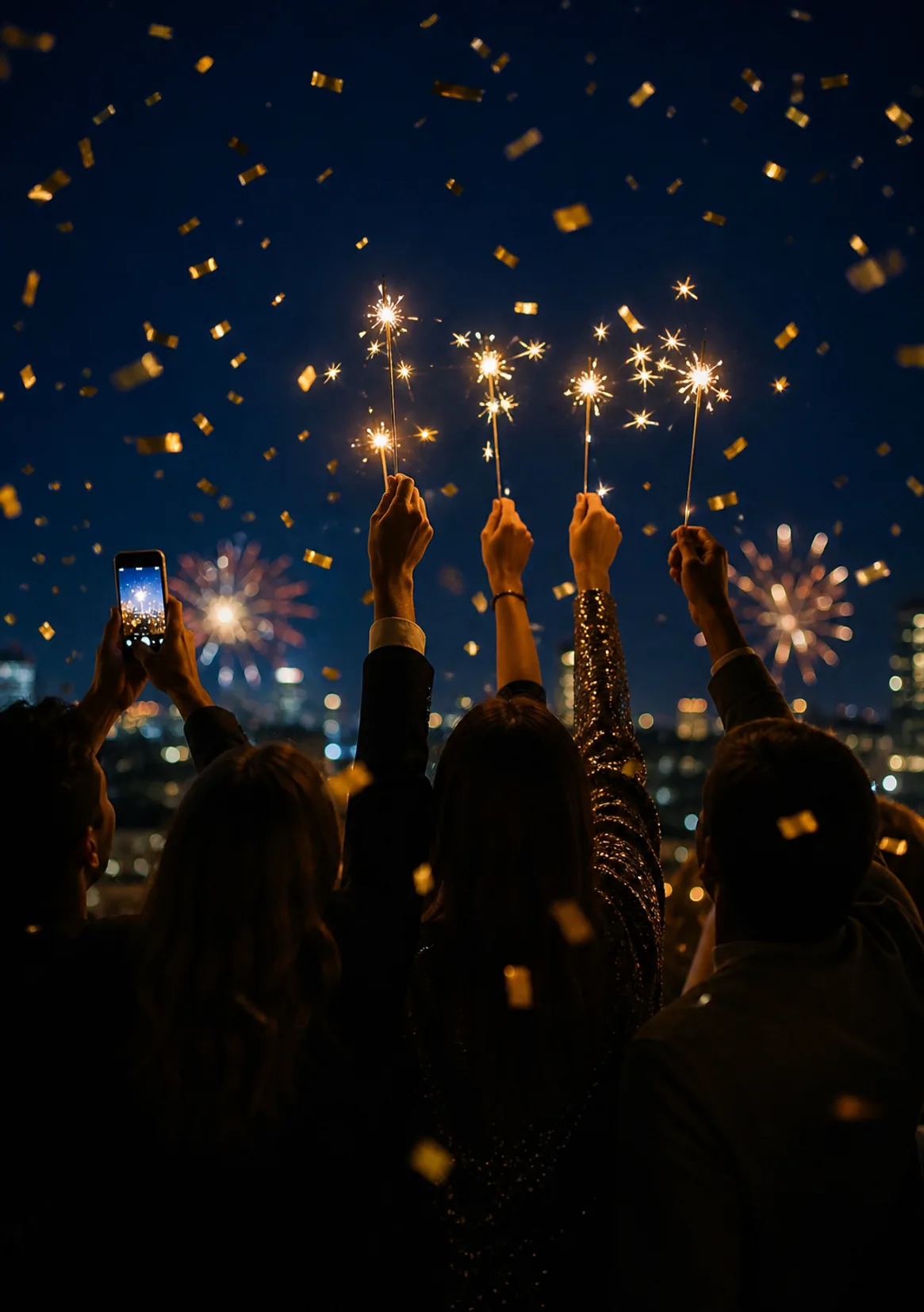Freunde halten an Silvester um Mitternacht Wunderkerzen in die Luft, Konfetti fällt; eine erhobene Hand filmt den Moment mit dem Handy