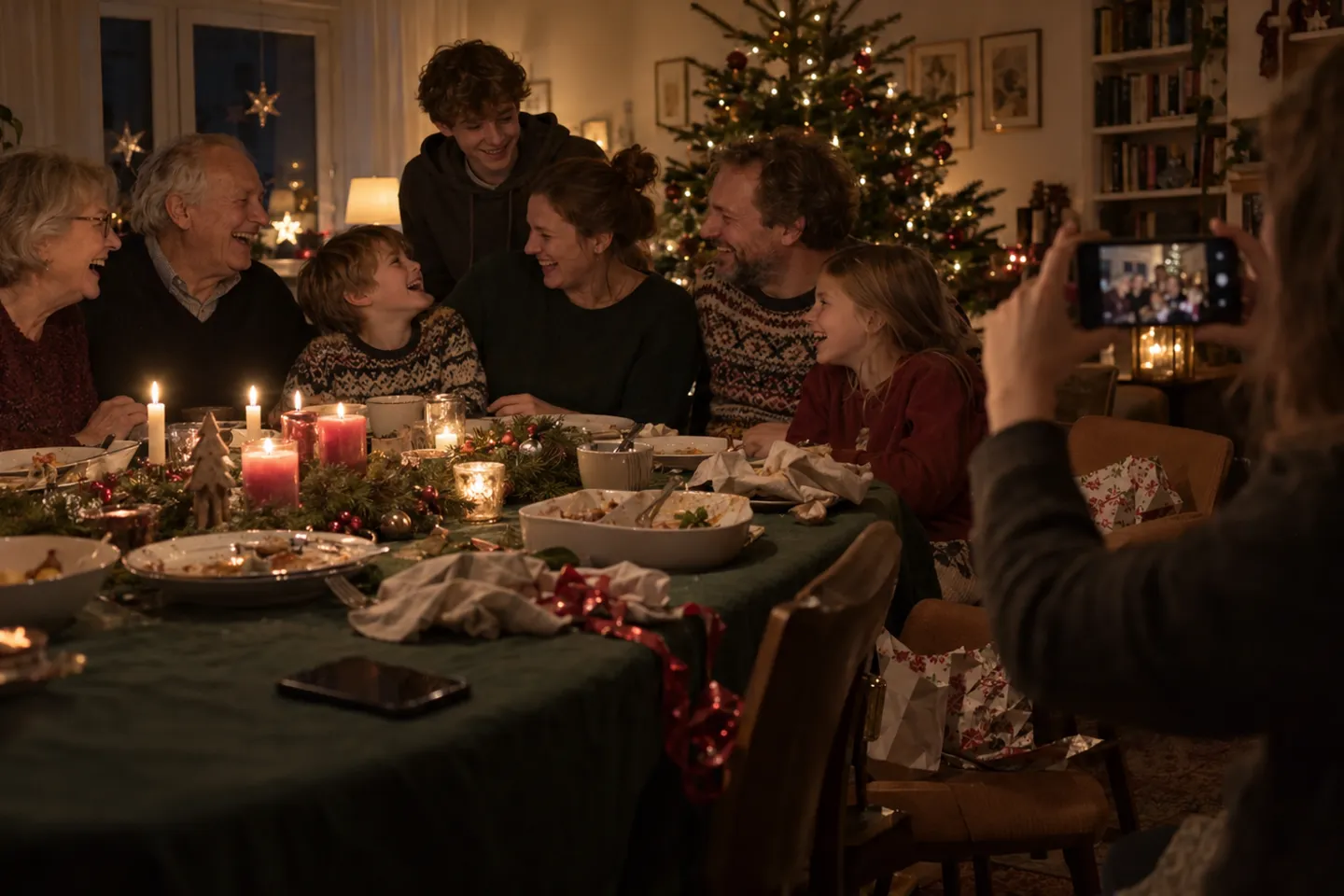 Eine Familie mit Großeltern, Eltern und Kindern am gedeckten Weihnachtstisch bei Kerzenlicht; eine Person hält ein Handy hoch und fotografiert die lachende Runde
