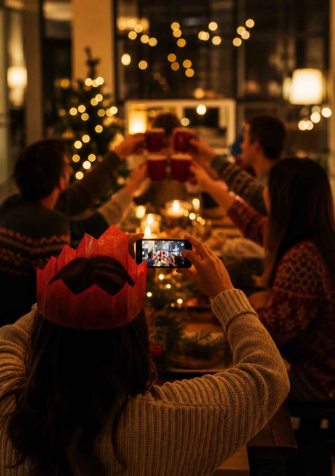 Kollegen stoßen auf der Weihnachtsfeier mit dampfenden Punschbechern an, dahinter leuchten Christbaum und Lichterketten; ein Gast hält den Moment mit dem Handy fest