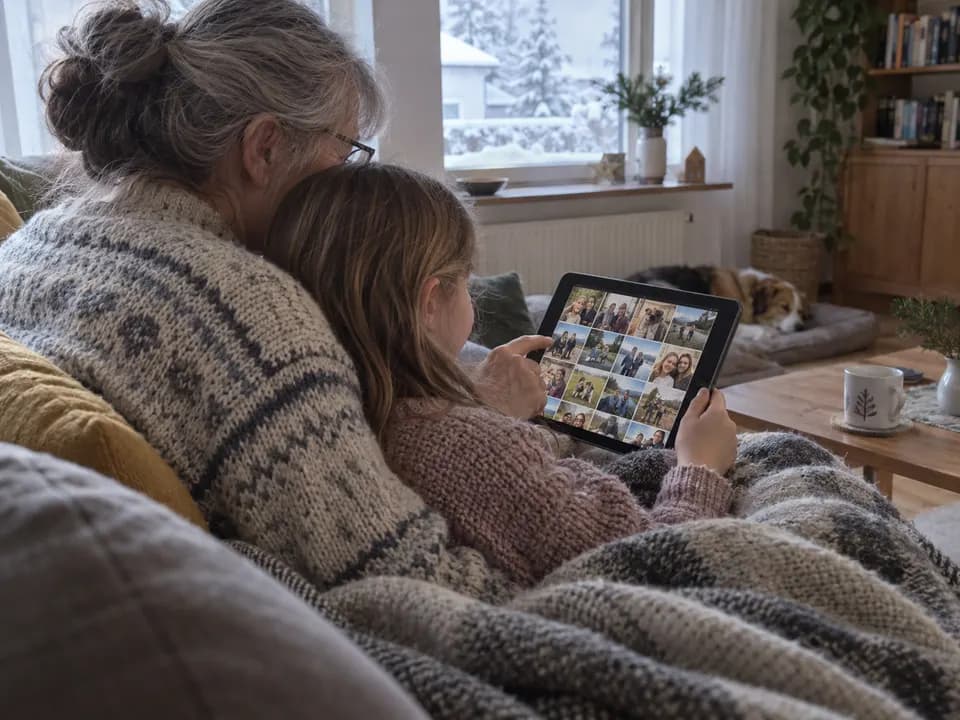 Großmutter und Enkelkind unter einer Wolldecke auf dem Sofa, sie schauen gemeinsam auf einem Tablet durch viele Familienfotos